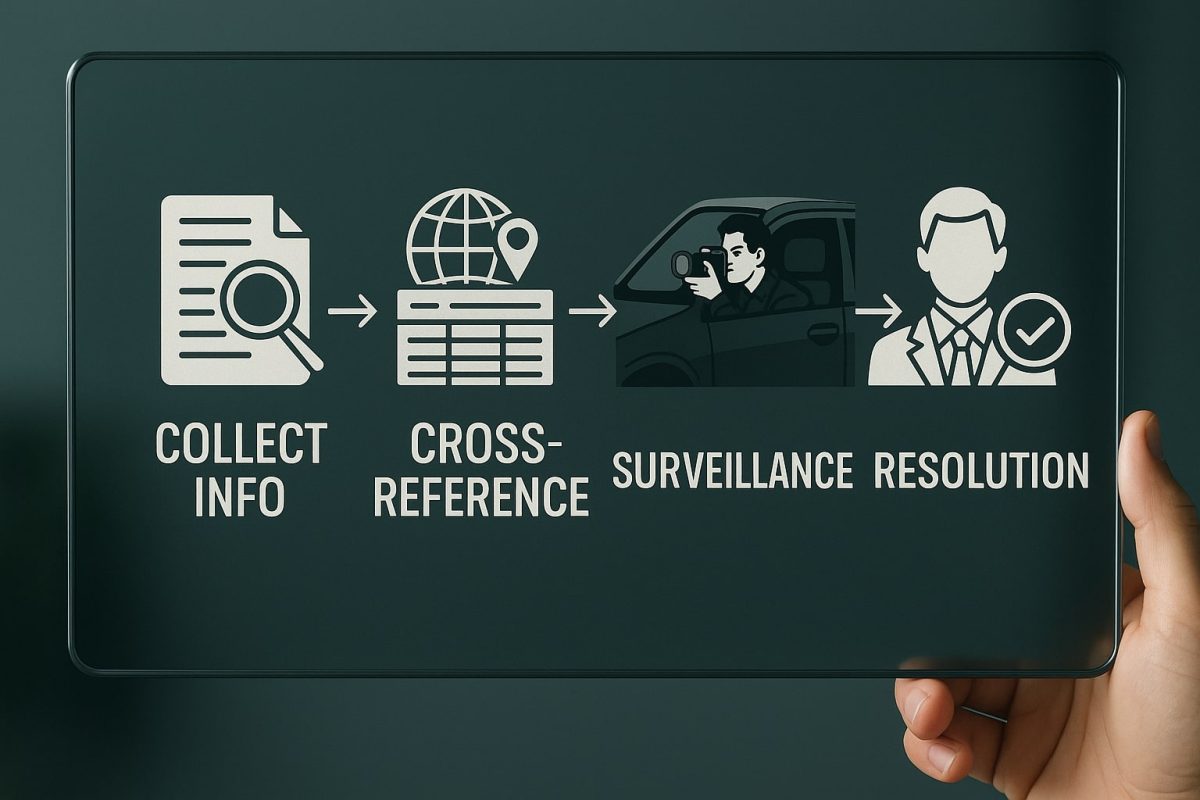 Flowchart on digital tablet showing steps: Collect Info, Cross-Reference, Surveillance, and Resolution with clear realistic icons.