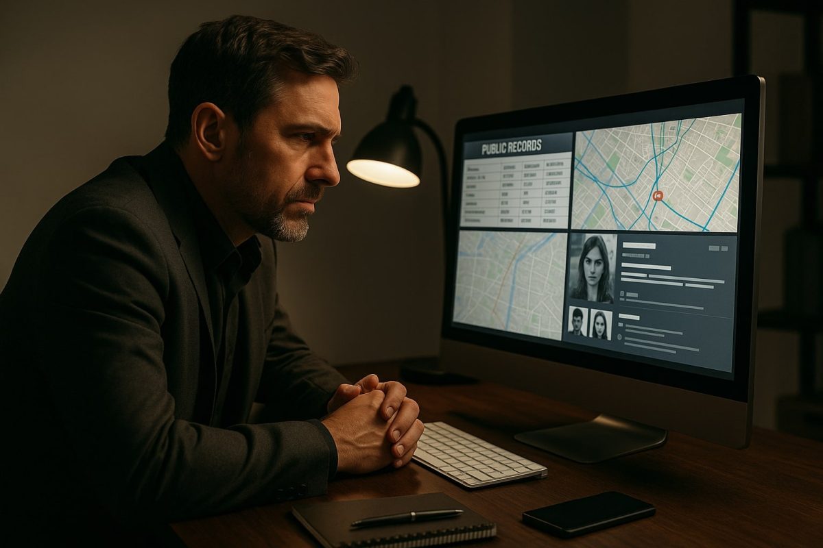 A private investigator examines a screen with maps, public records, and social media in a dimly lit, realistic office setting.