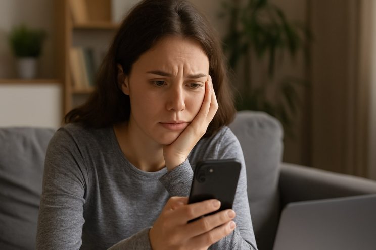 Distressed woman with wavy hair stares at her phone, seated indoors, hinting at betrayal or emotional disappointment.