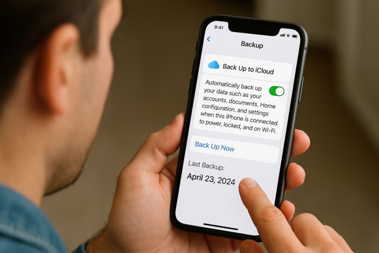 A person holds a smartphone displaying iCloud backup settings, finger pointing to “Last Backup: April 23, 2024” on the screen.