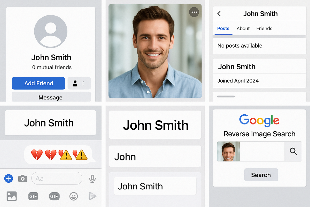 Screenshots show a fake Facebook profile for "John Smith," no posts or friends, with a reverse image search revealing suspicious identity.