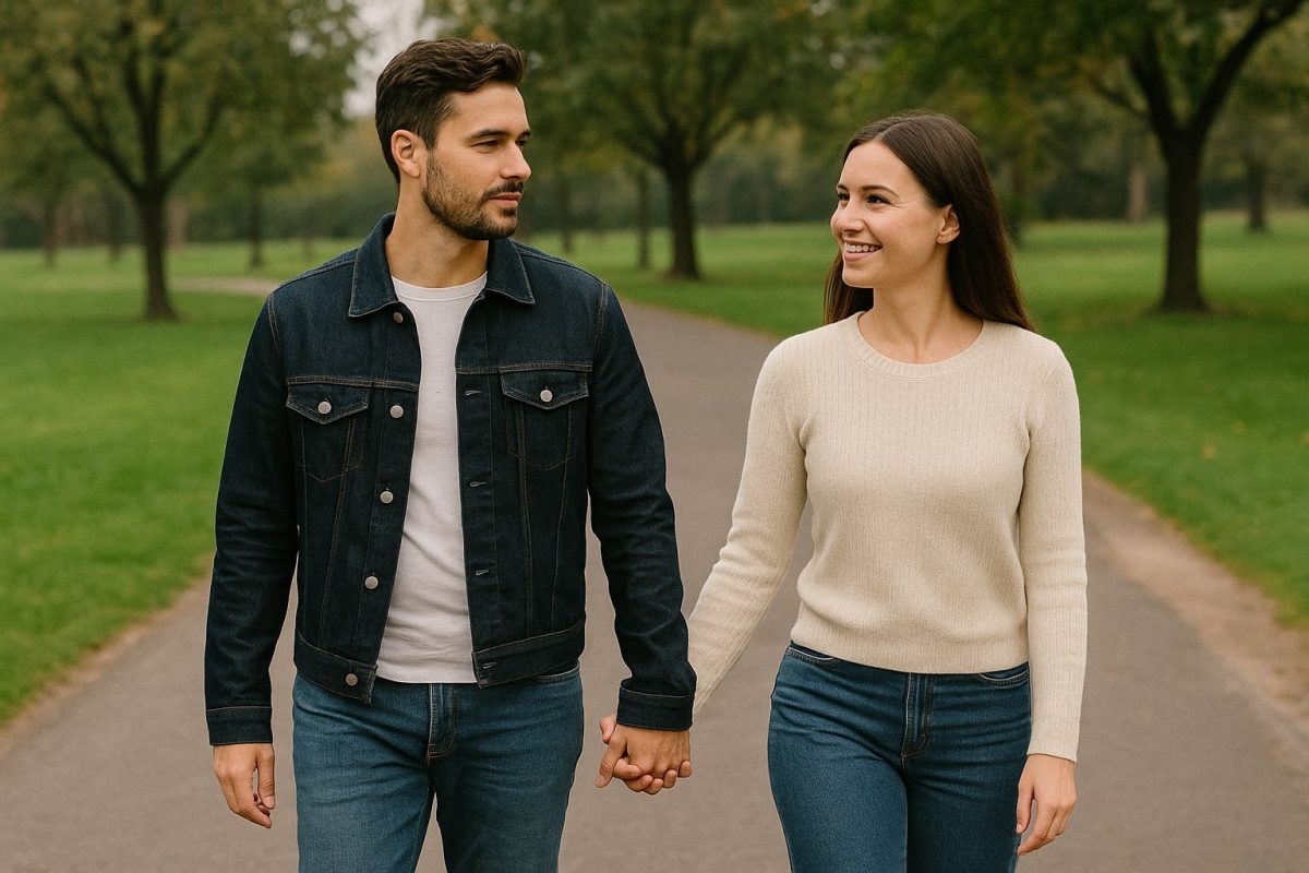 A smiling couple walks hand-in-hand on a park path, dressed casually in jeans and sweaters, surrounded by green trees.
