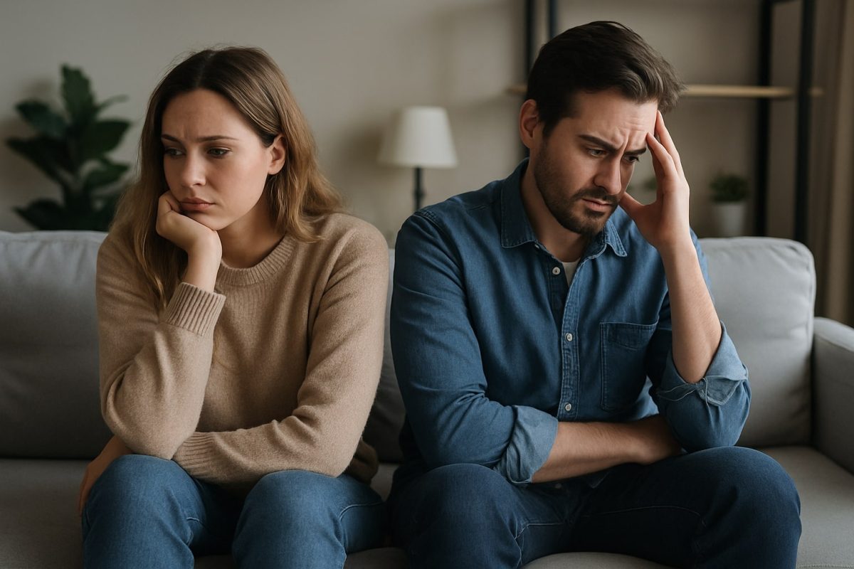 Distressed couple sitting apart on a couch showing emotional distance, both looking away with tense, concerned expressions.