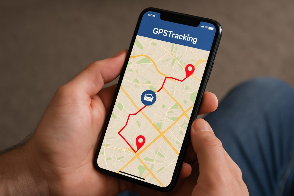 A person holding a smartphone displaying GPS tracking data with a red route marked on a digital city map.
