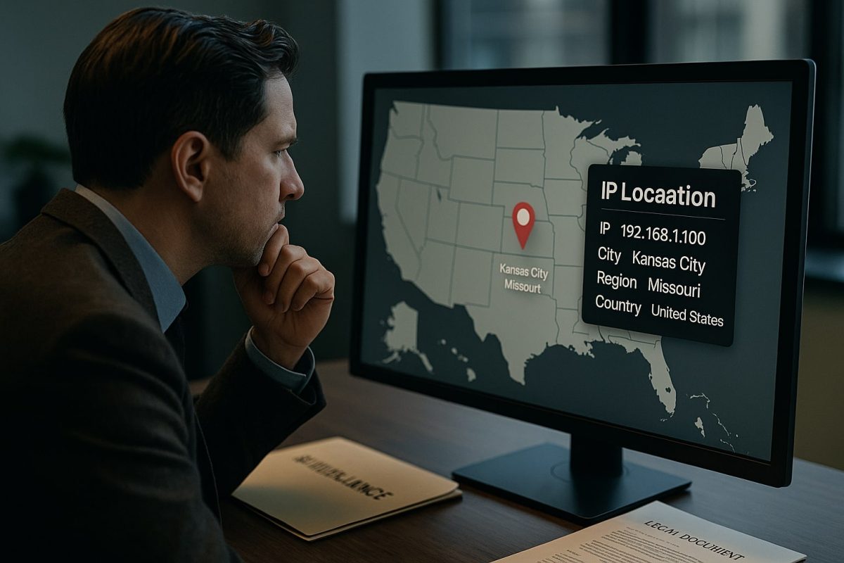 Private investigator analyzing IP geolocation data on screen with case files nearby, investigating suspicious online behavior legally.