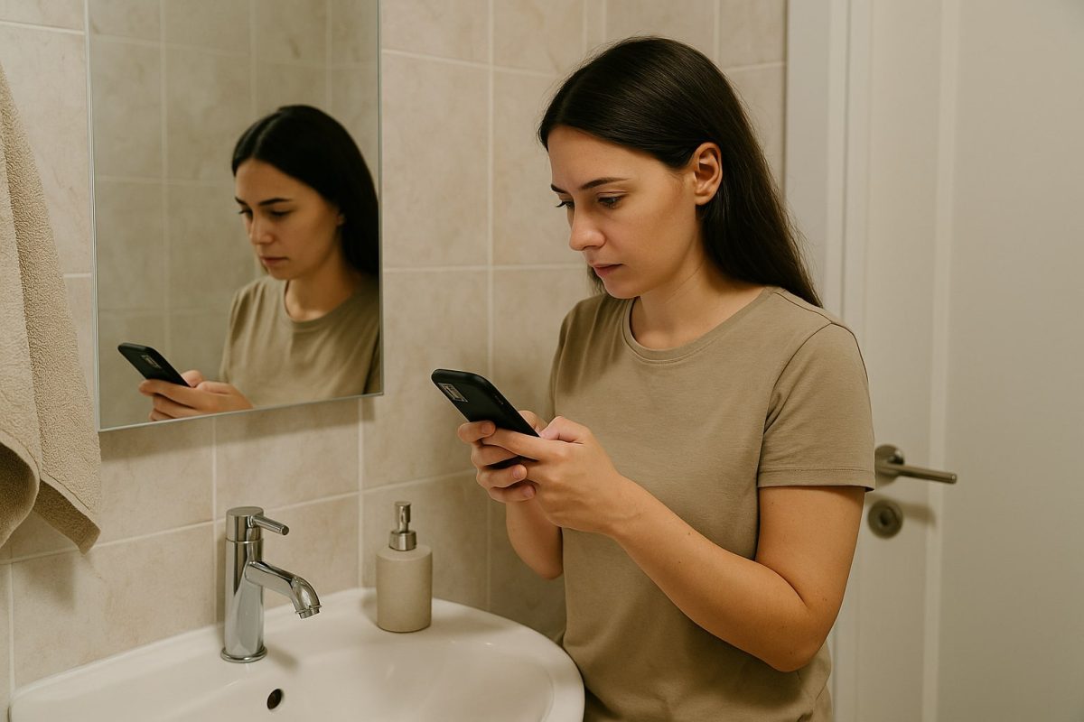 Woman in beige shirt secretly checks her phone while standing alone in a bathroom, looking focused and concerned.