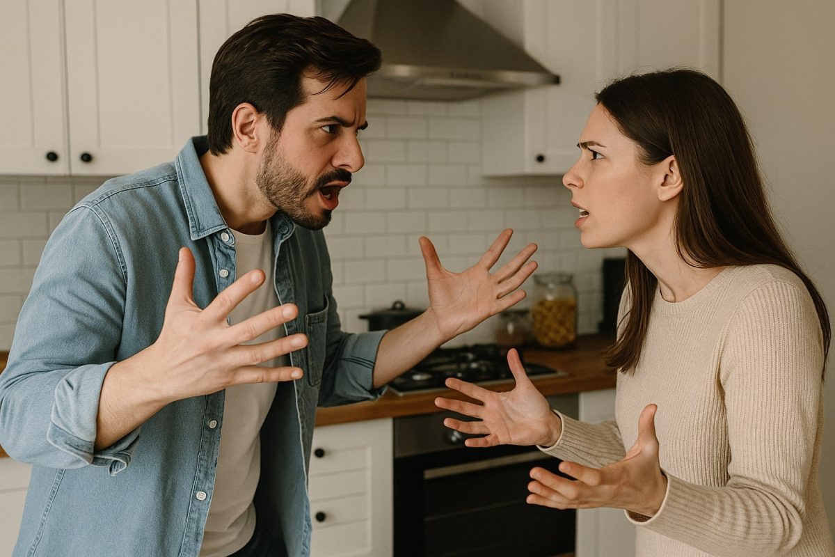 Couple arguing in a kitchen, both visibly angry with raised hands, highlighting emotional conflict and tension.