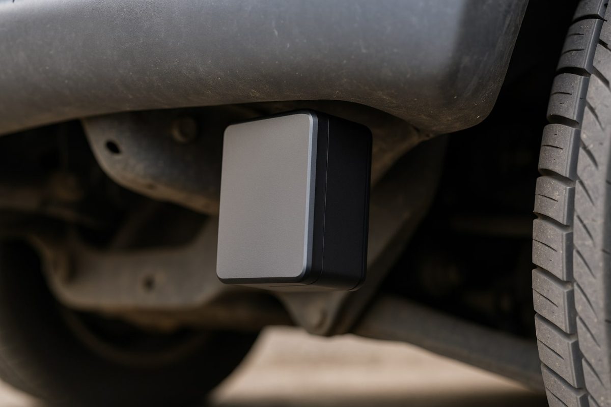 A covert GPS tracker discreetly mounted under a vehicle near the wheel, securely attached to the metal frame.