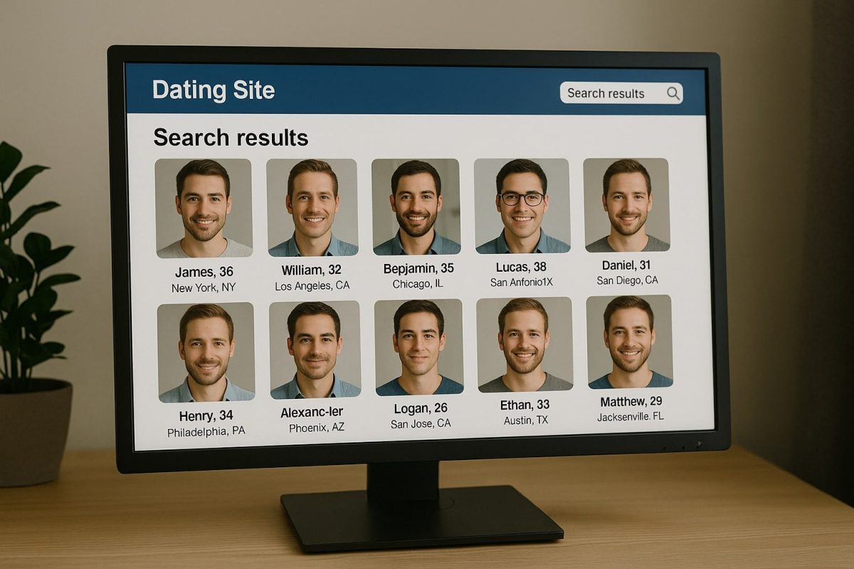 Computer screen displaying search results from a dating site
