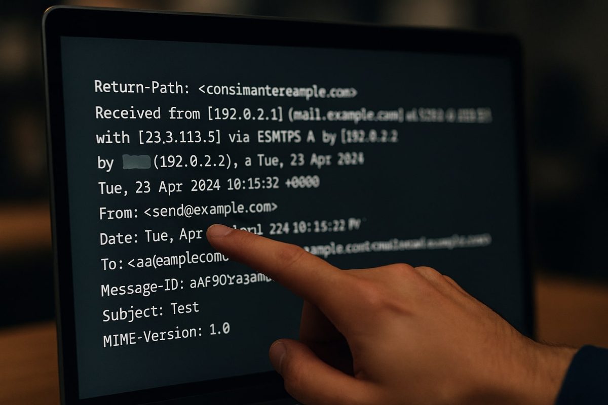 Person examining email headers on screen to find IP address from metadata, highlighting "Received" line with sender IP address.