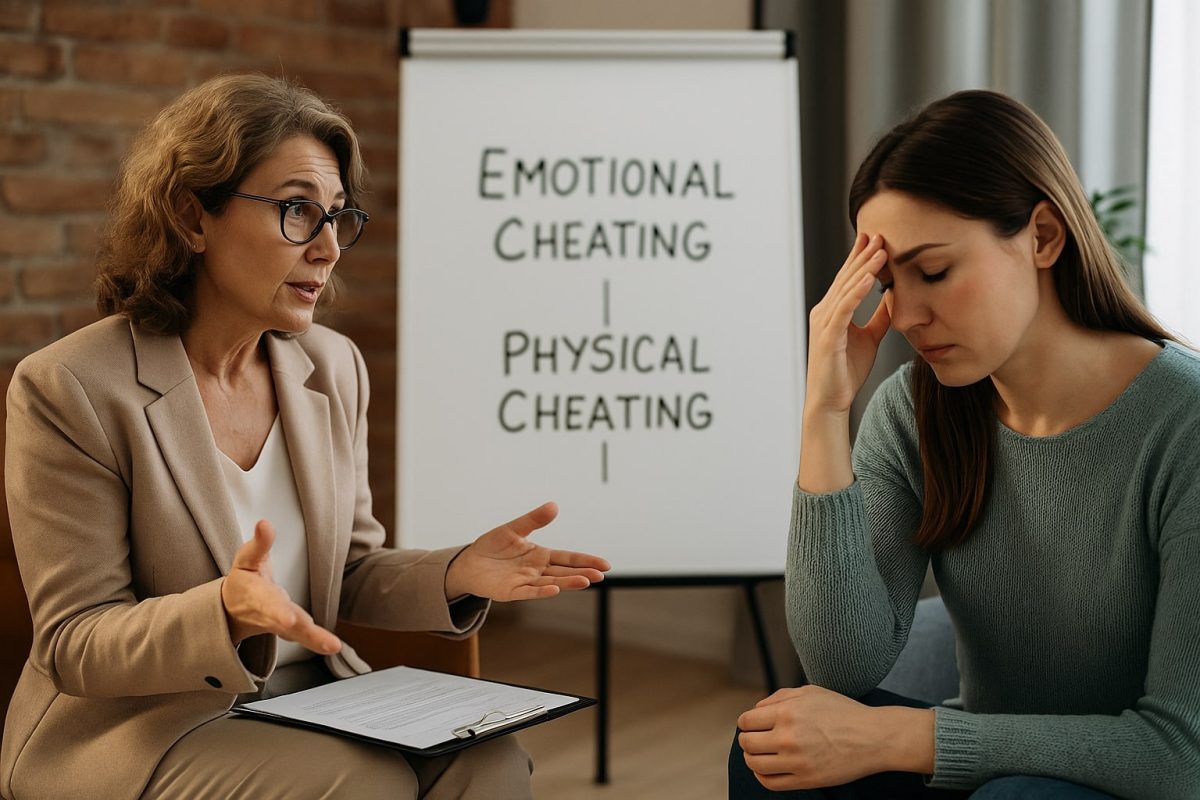 Therapist explaining emotional vs physical cheating to a distressed woman