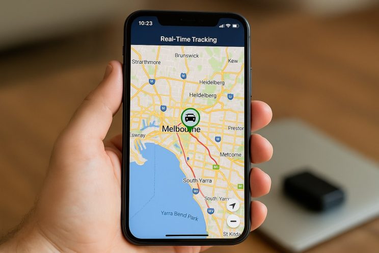 A hand holds a smartphone showing a live GPS tracking app with a highlighted route and location in Melbourne, Australia.