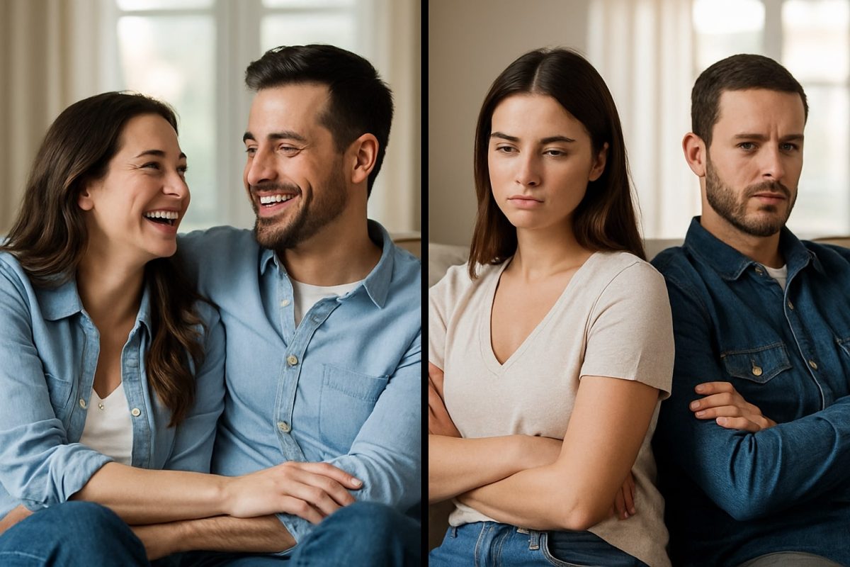 Split image of a happy couple laughing and embracing beside an emotionally distant couple sitting with crossed arms.