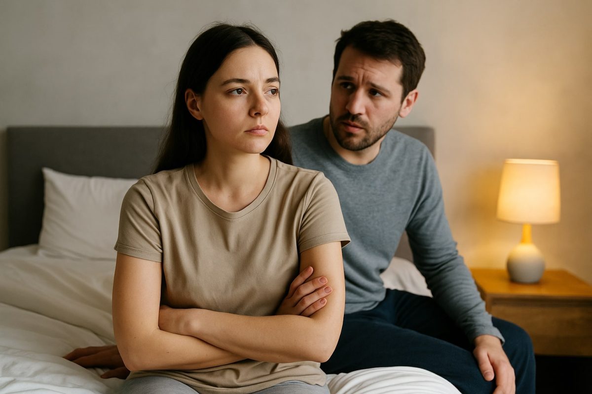 Woman sits on bed with arms crossed looking distant while concerned man behind her tries to talk, in softly lit bedroom