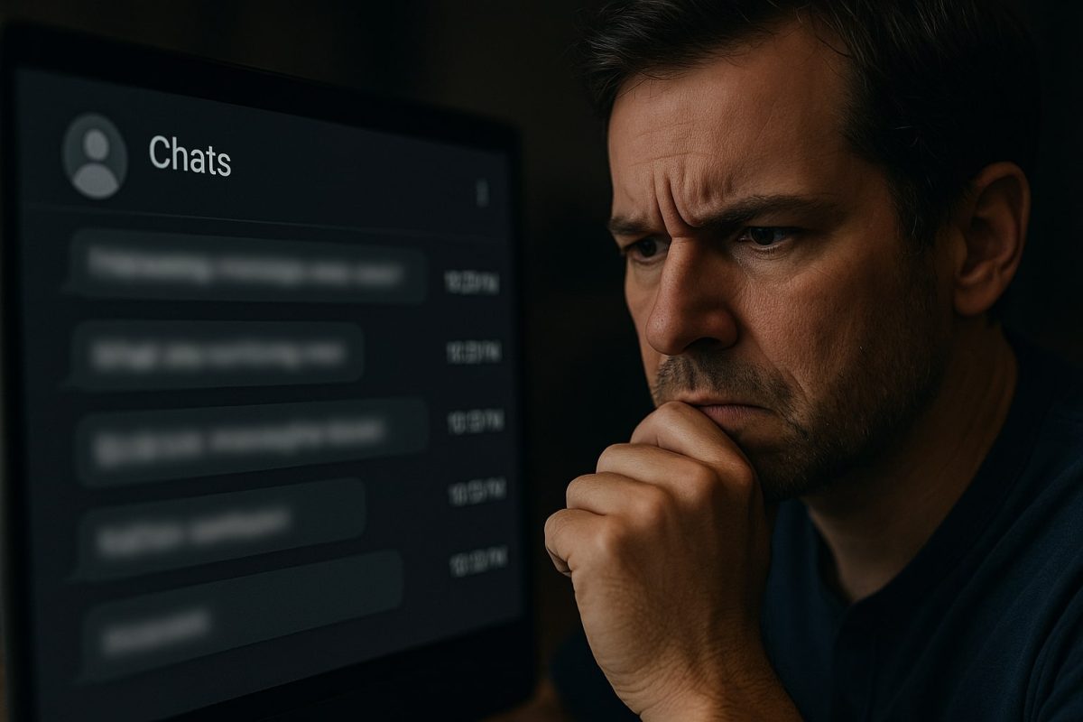 Individual looking at social media chat logs on screen, analyzing suspicious messages and activity timestamps for behavioral patterns.