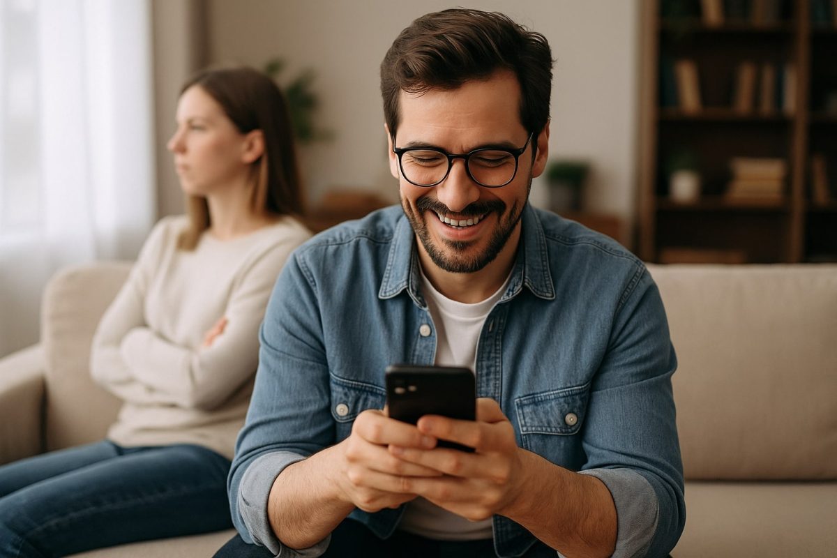 A man smiling while secretly texting on his phone, unaware of the serious-looking woman sitting beside him on the couch.