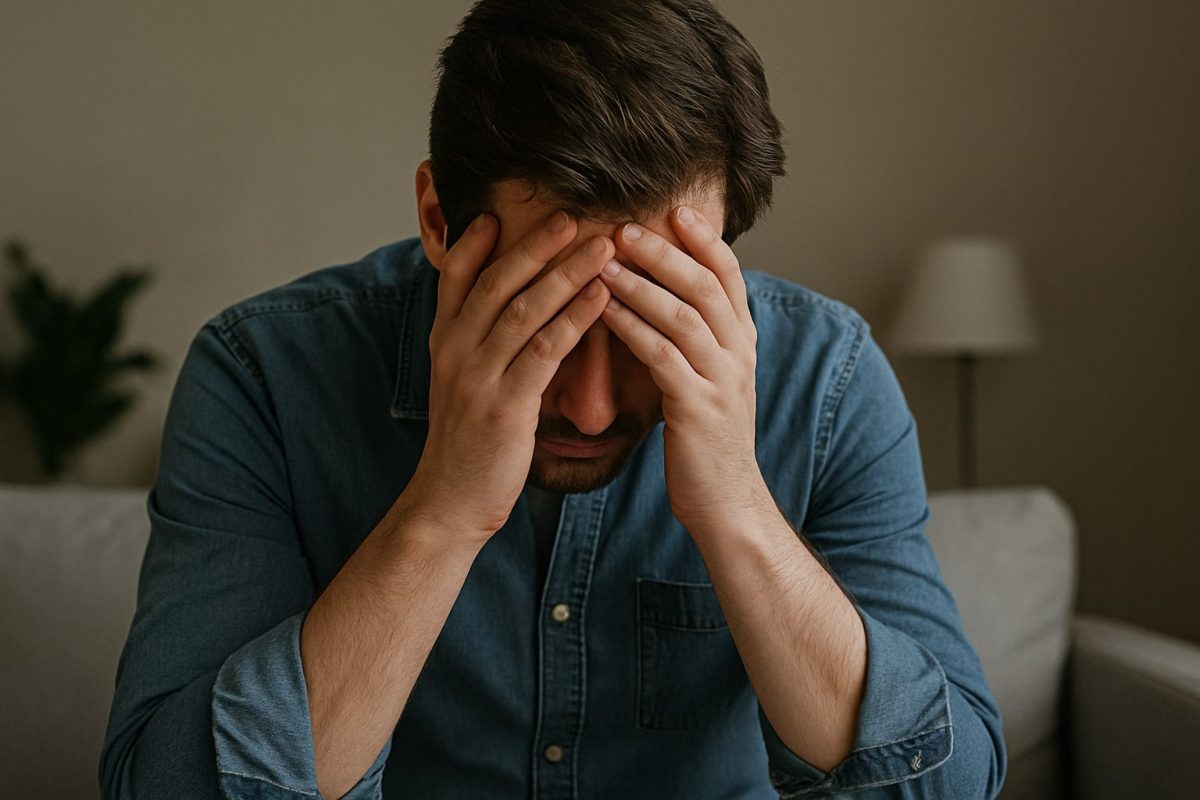 Man sits with his head in his hands, overwhelmed by emotional pain and betrayal in a softly lit room.