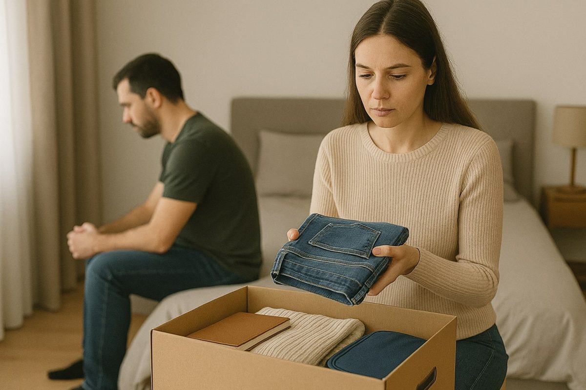 The woman packs essentials into a box while her partner sits on bed, both showing signs of emotional strain and reflection.