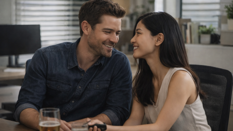 Man in a denim shirt sits closely with an Asian woman in an office, sharing a warm conversation in a modern workplace setting.