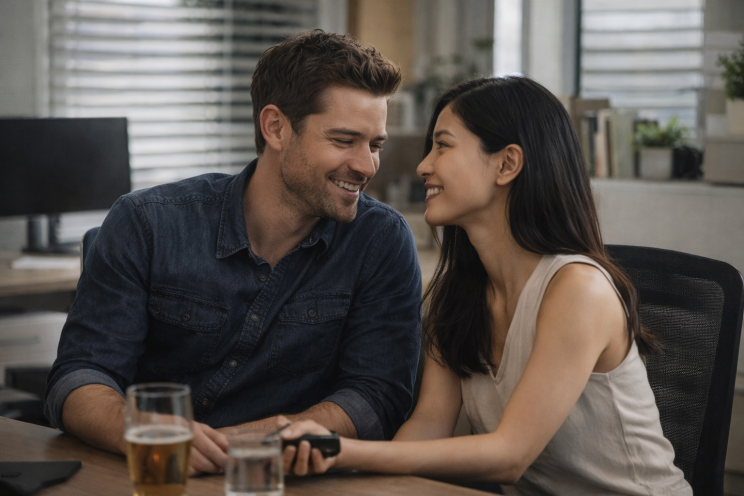 Man in a denim shirt sits closely with an Asian woman in an office, sharing a warm conversation in a modern workplace setting.