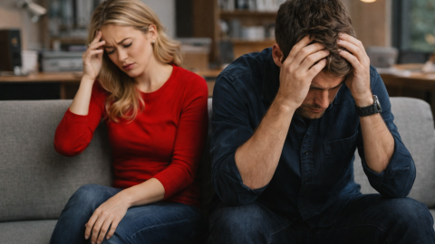 Distressed couple sitting apart on a sofa in an office environment, illustrating emotional distance and relationship tension.