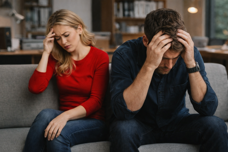 Distressed couple sitting apart on a sofa in an office environment, illustrating emotional distance and relationship tension.