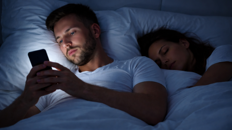 Man lying in bed at night secretly looking at his phone while his partner sleeps beside him in a dimly lit bedroom, suggesting relationship secrecy.