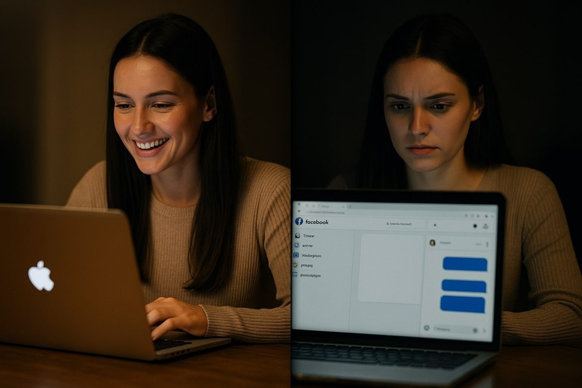 shows a woman happily chatting on Facebook on the left, while the right side reveals her chatting secretly with others.