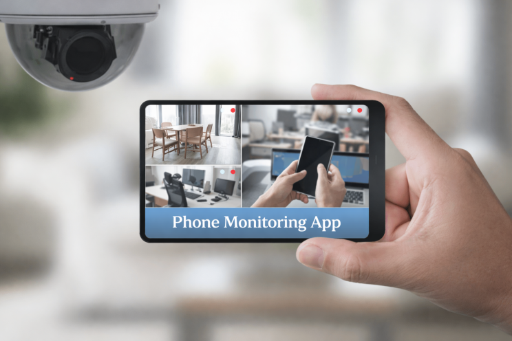 smartphone displaying phone monitoring app with multiple security camera feeds