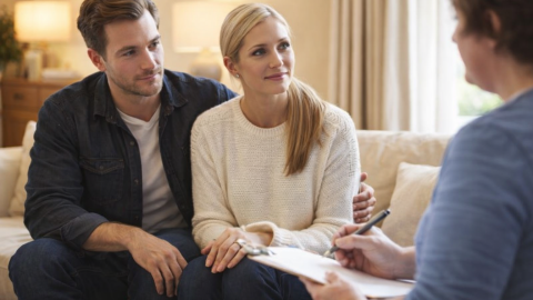 Couple sitting together in a counseling session with a therapist, discussing relationship concerns in a calm and supportive environment.