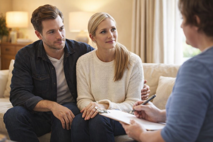 Couple sitting together in a counseling session with a therapist, discussing relationship concerns in a calm and supportive environment.
