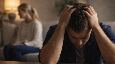 Man holding his head in distress while sitting at a table, with his partner blurred in the background on a sofa, showing emotional strain in a relationship.
