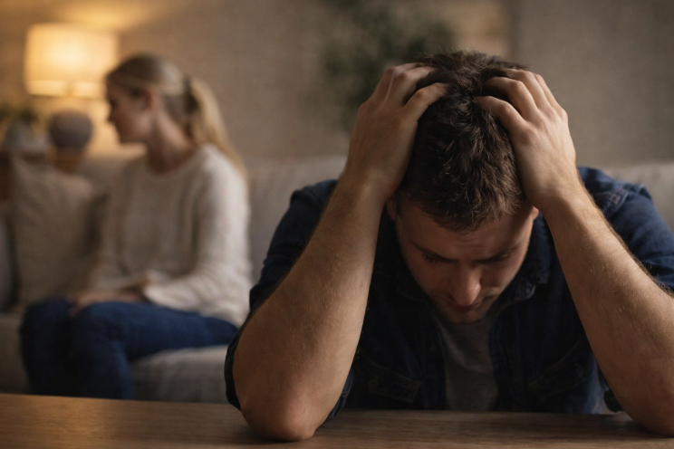 Man holding his head in distress while sitting at a table, with his partner blurred in the background on a sofa, showing emotional strain in a relationship.
