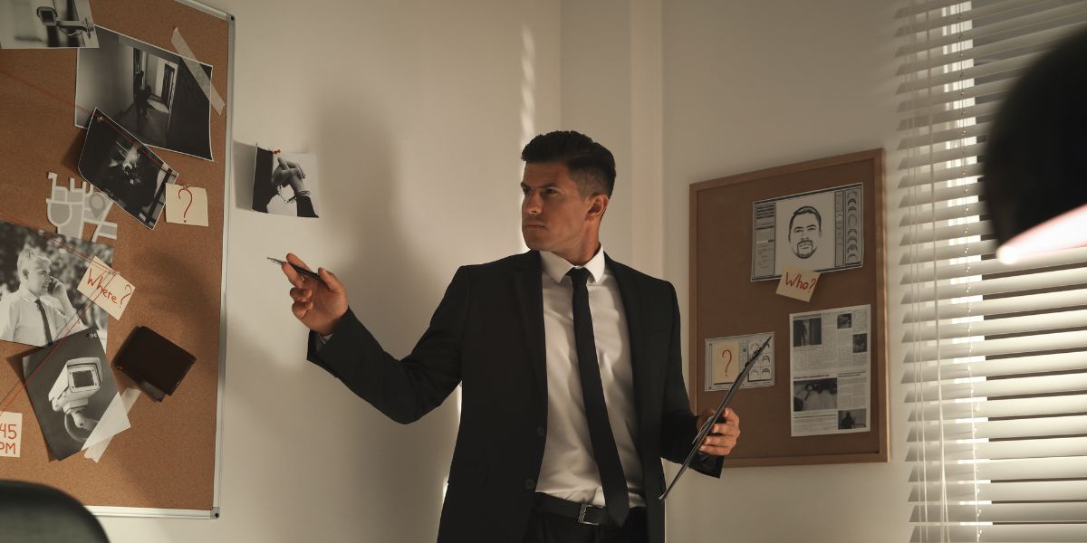 Private investigator analyzing a corkboard covered with evidence and connecting clues.