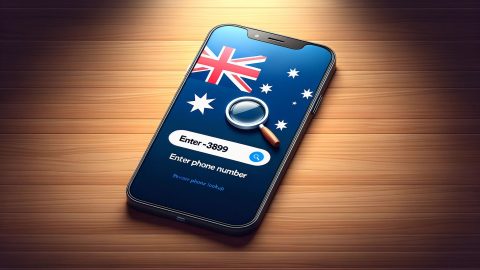 Map of Australia with magnifying glass icon focusing on a phone symbol.
