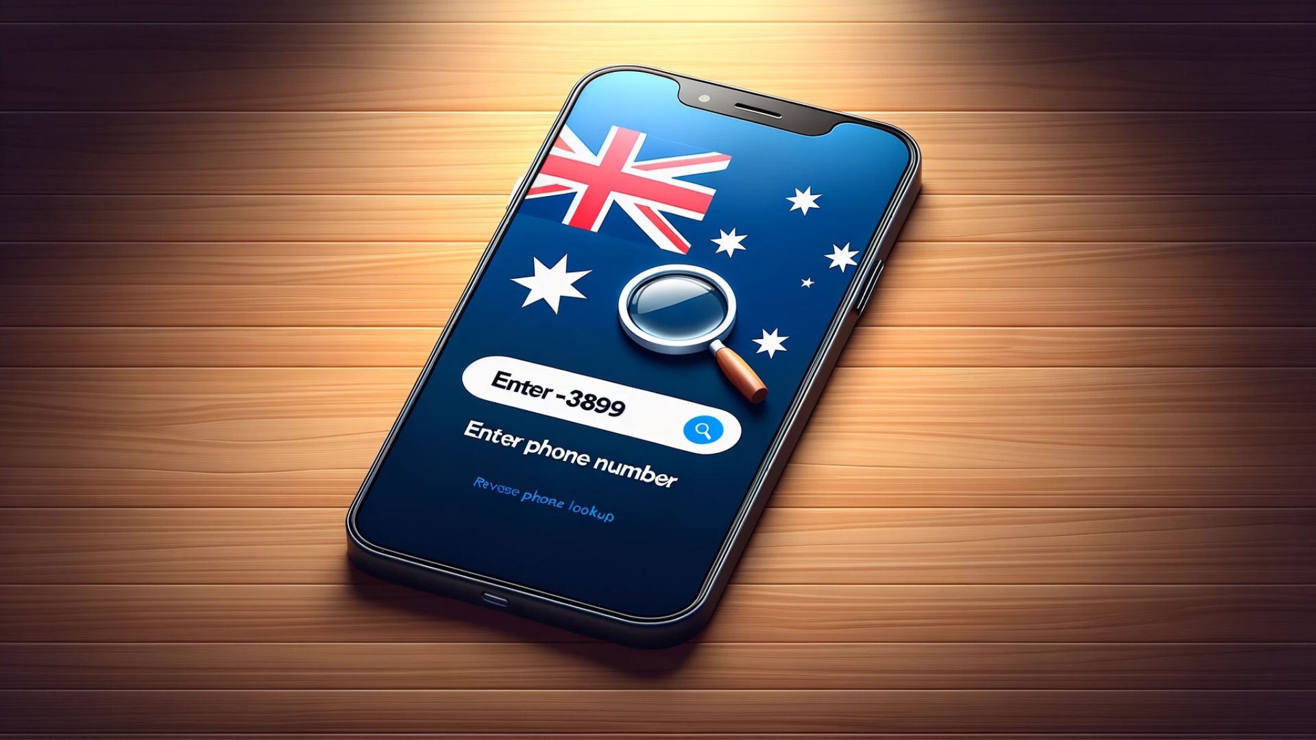 Map of Australia with magnifying glass icon focusing on a phone symbol.