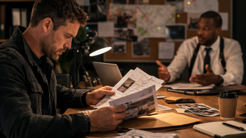 Male private investigator reviewing case notes while discussing evidence with another detective in an office setting