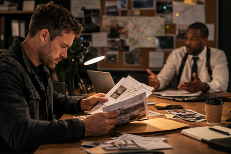 Male private investigator reviewing case notes while discussing evidence with another detective in an office setting