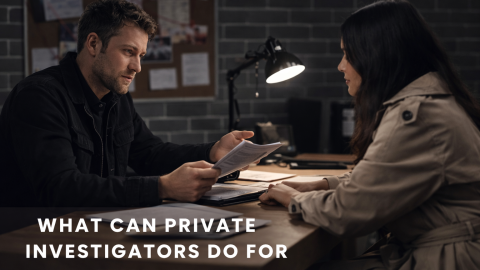 Private investigator consulting with a female client across a desk in a dimly lit office about a sensitive personal matter