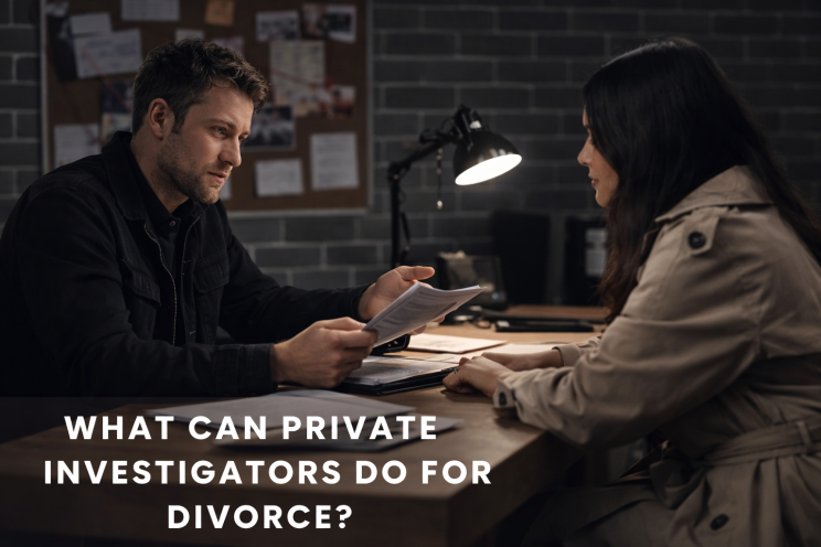 Private investigator consulting with a female client across a desk in a dimly lit office about a sensitive personal matter