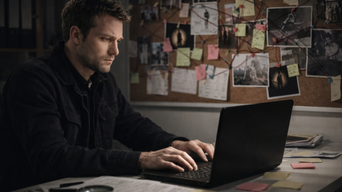 Male private investigator working on a laptop in a Sydney office, reviewing investigation materials with a corkboard of photos and notes behind him