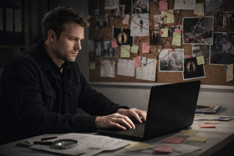 Male private investigator working on a laptop in a Sydney office, reviewing investigation materials with a corkboard of photos and notes behind him
