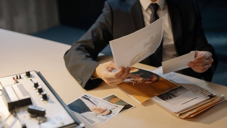 Person signing a contract with a private investigator across a desk in a professional office setting