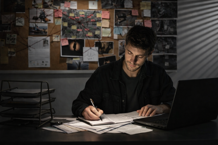 Private investigator reviewing documents and writing notes at a desk with evidence board and maps in a dimly lit office in Perth