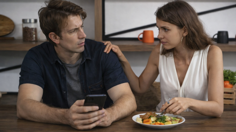 Man holding a phone at a dining table while his partner touches his shoulder, showing relationship tension and concern.