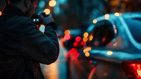 private investigator filming from behind in low light