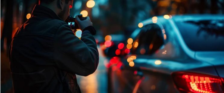 private investigator filming from behind in low light