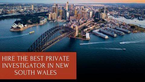 Sydney Harbour aerial view with text overlay promoting private investigator services in NSW