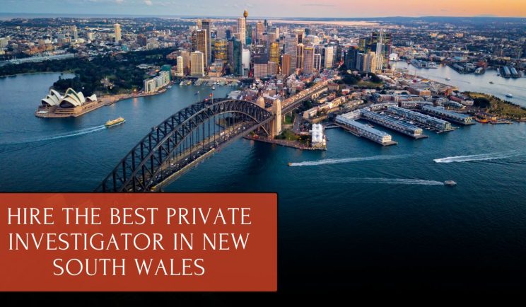Sydney Harbour aerial view with text overlay promoting private investigator services in NSW