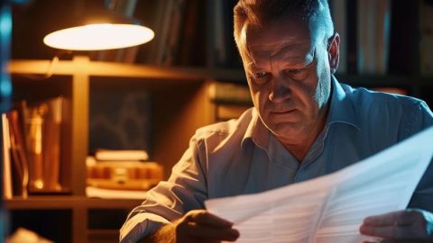 A man under a warm desk lamp carefully reviewing documents during a background check process